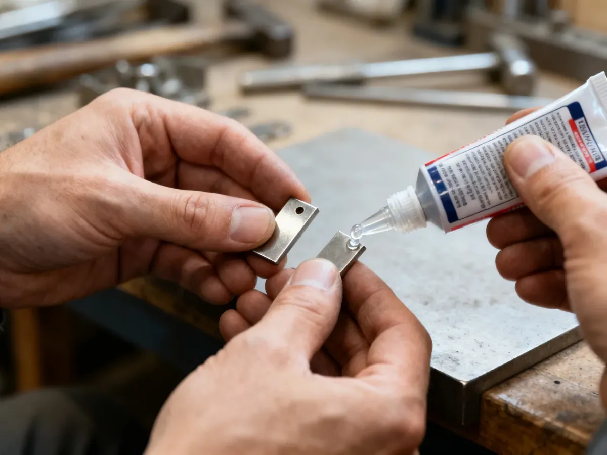 Ręce metalowca łączące dwa małe metalowe elementy kroplą super glue na prostym stole w warsztacie.