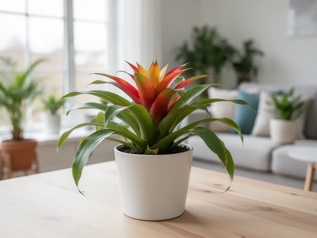 Bromelia w białej doniczce na jasnym stole, w tle jasny salon; przykład zdrowej rośliny przy prawidłowym podlewaniu.