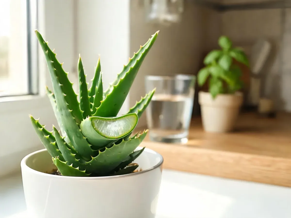 Zdrowy aloes leczniczy w białej doniczce na jasnym kuchennym parapecie, wyraźnie widoczne mięsiste liście z żelem