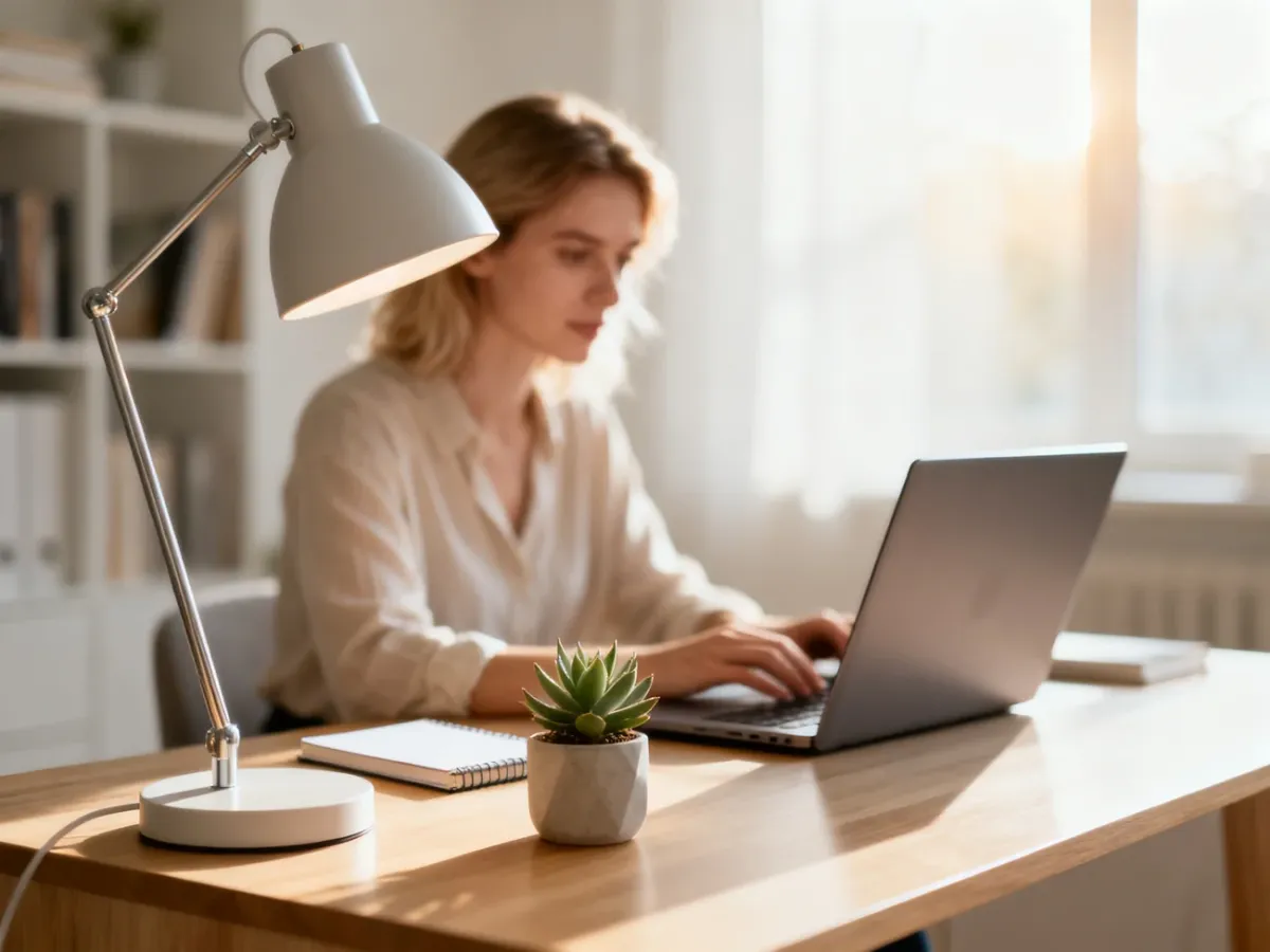 Kobieta pracująca przy laptopie w jasnym, minimalistycznym domowym biurze z drewnianym biurkiem i roślinami.