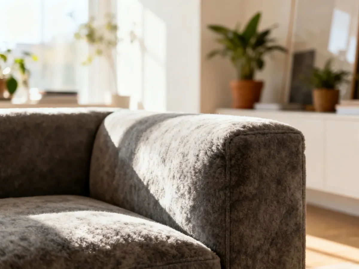 Nowoczesna, szara sofa w przytulnym, jasnym salonie z roślinami, urządzonym w minimalistycznym stylu.