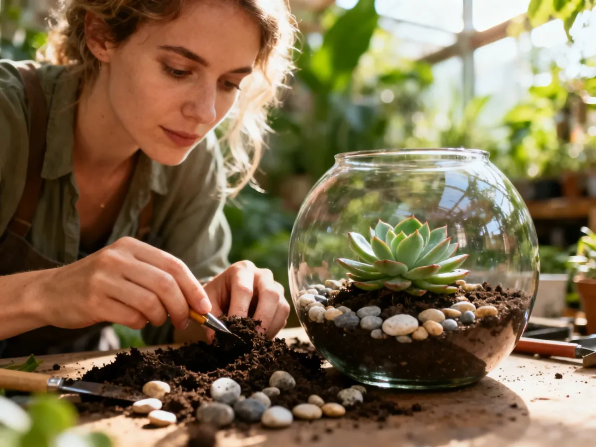 Kobieta sadzi sukulent w szklanym terrarium, używając drobnych narzędzi do układania ziemi i kamyków.