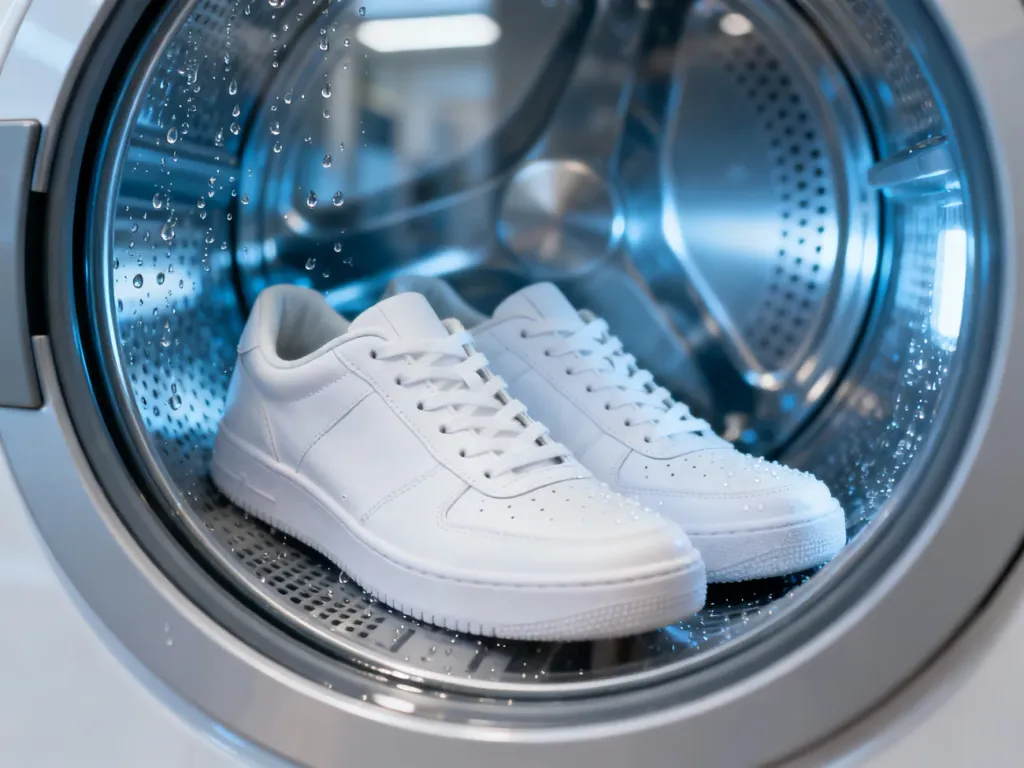 Czyste białe sneakersy wewnątrz bębna pralki, gotowe do bezpiecznego wyprania.
