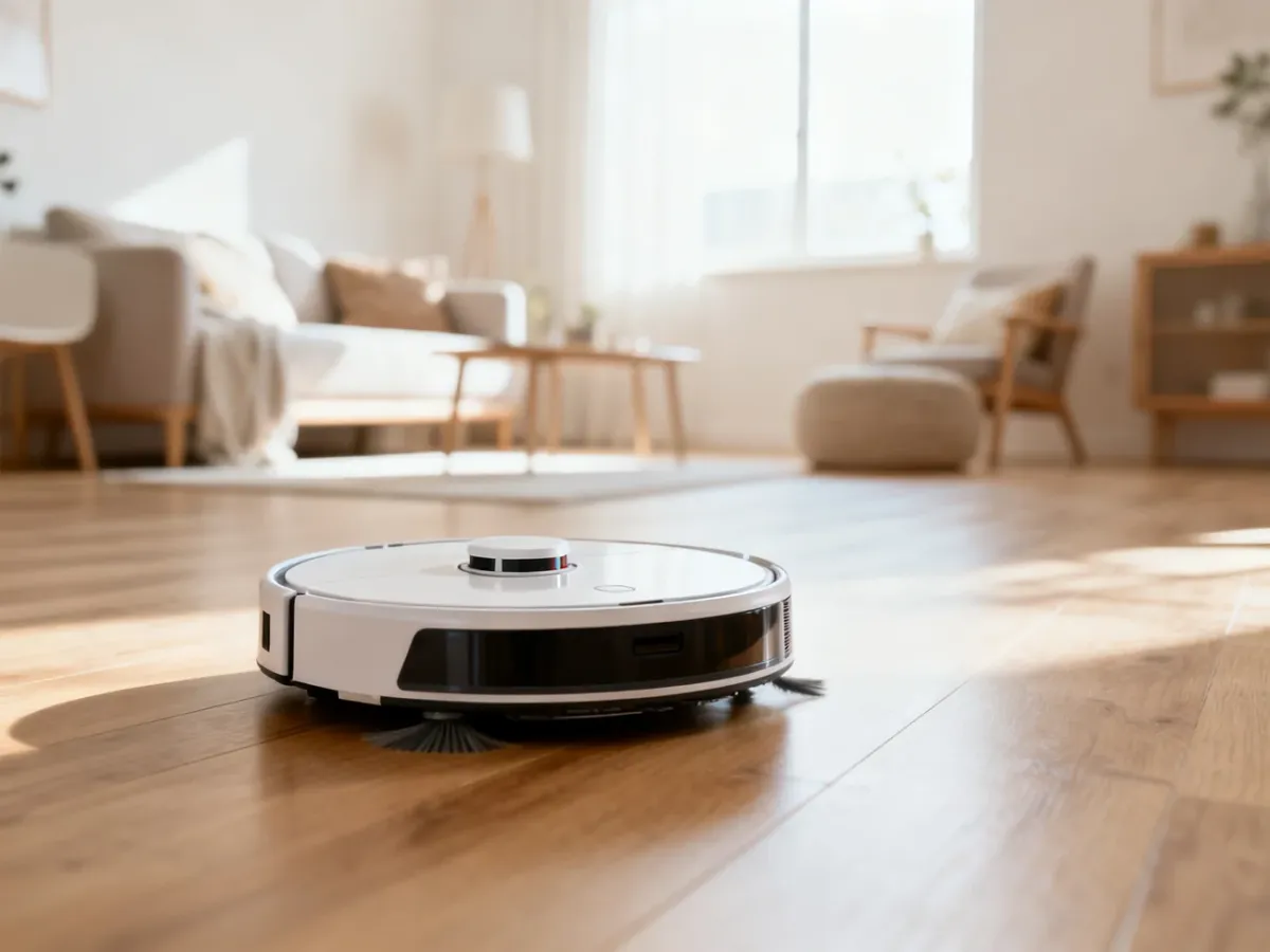 Nowoczesny robot sprzątający na drewnianej podłodze w jasnym, minimalistycznym salonie w stylu skandynawskim.