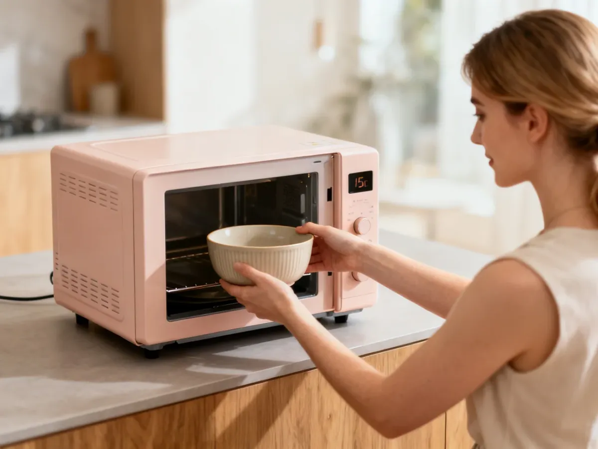 Kobieta wstawia ceramiczną miskę do kompaktowej mikrofalówki o pojemności 15 litrów w nowoczesnej, jasnej kuchni.
