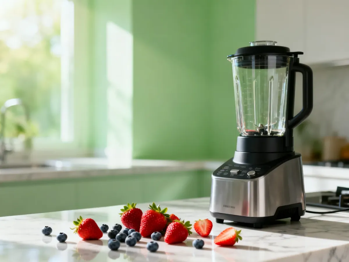 Nowoczesny blender na marmurowym blacie w otoczeniu świeżych owoców, podkreślający estetykę i funkcjonalność urządzenia.
