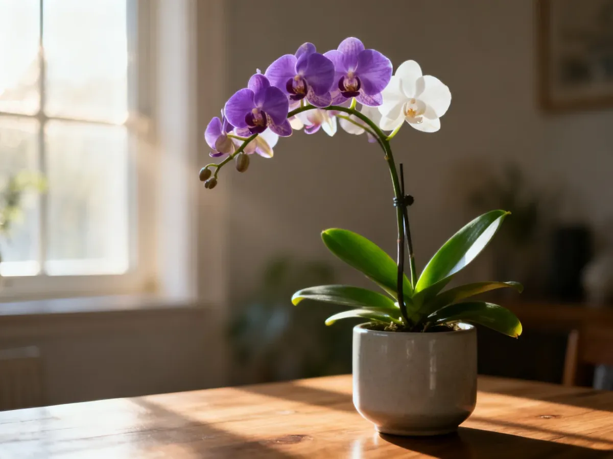 Kwitnący storczyk Phalaenopsis w ceramicznej doniczce na drewnianym stole, oświetlony delikatnym porannym światłem.