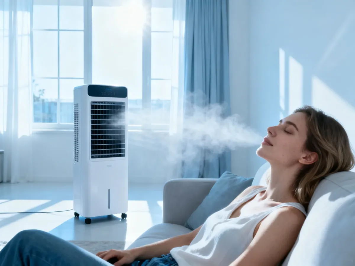 Nowoczesny klimatyzator przenośny w jasnym salonie, zapewniający komfortowy chłód kobiecie wypoczywającej na kanapie.
