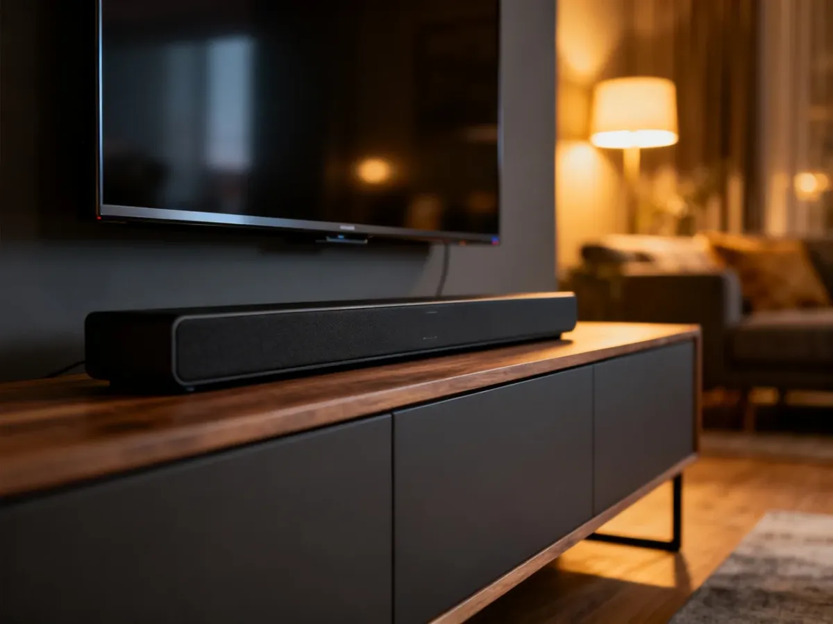Nowoczesny soundbar umieszczony pod telewizorem na drewnianej szafce w przytulnym salonie.