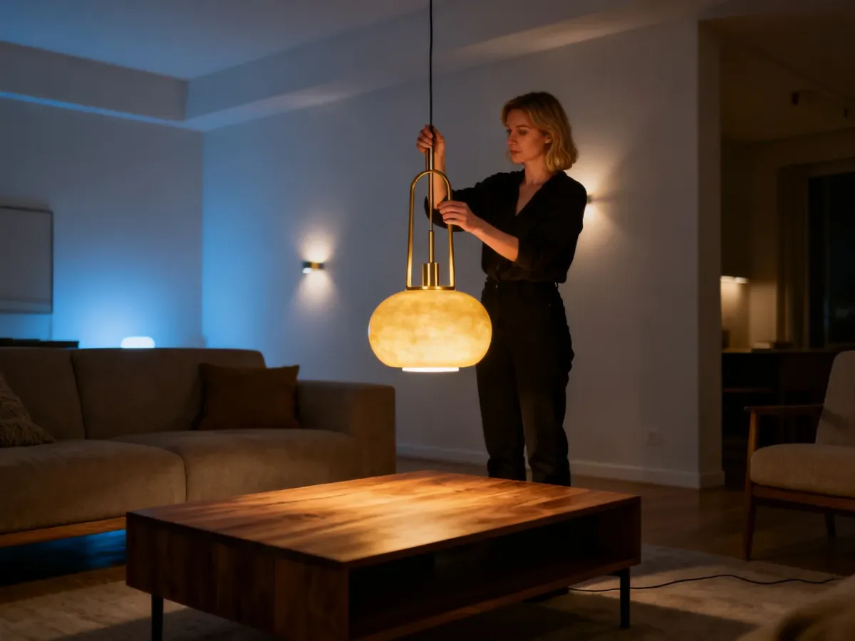 Nowoczesny salon z designerską lampą podłogową i ciepłym oświetleniem punktowym, tworzącym przytulną atmosferę wnętrza.