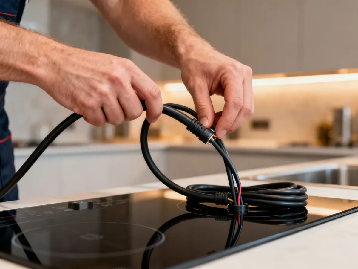 Elektryk podłącza gruby przewód zasilający do nowoczesnej płyty indukcyjnej w jasnej, domowej kuchni.
