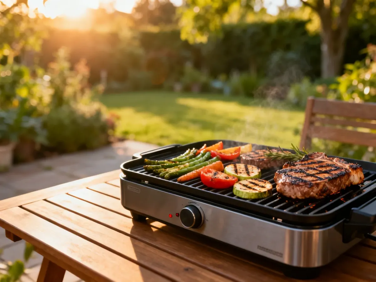 Nowoczesny grill elektryczny z przygotowanym mięsem i warzywami na drewnianym stole w ogrodzie.