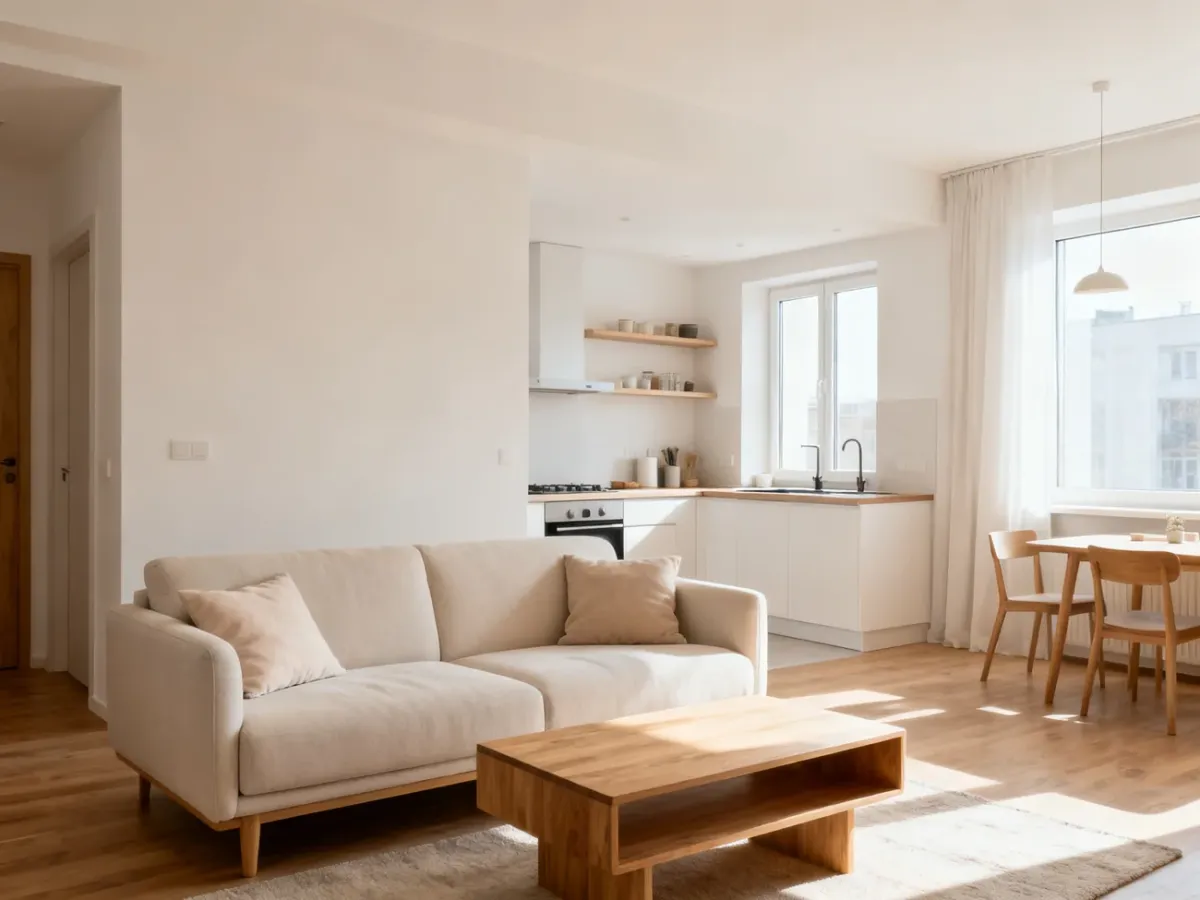 Przytulne, nowoczesne studio z jasną sofą i funkcjonalnym aneksem kuchennym, utrzymane w ciepłej, minimalistycznej tonacji.