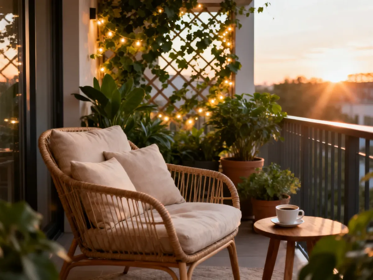 Przytulny balkon z rattanowym fotelem, roślinami i nastrojowym oświetleniem, idealny do relaksu przy kawie o zachodzie słońca.