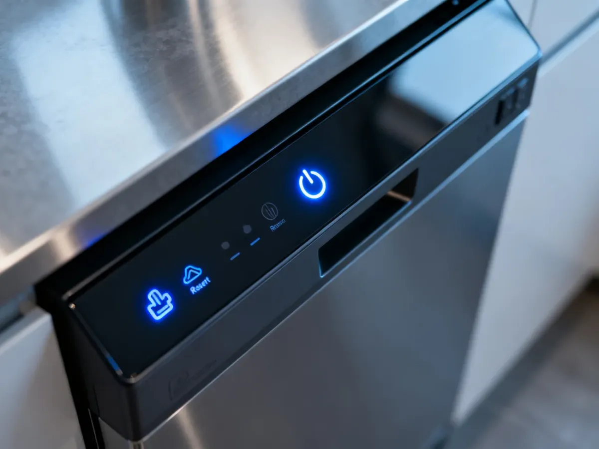 Panel sterowania zmywarki Samsung z podświetlanym przyciskiem zasilania i ikonami funkcji resetowania.