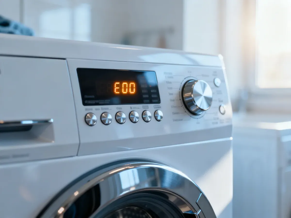 Panel sterowania pralki Gorenje z wyświetlaczem wskazującym kod błędu w nowoczesnej pralni.