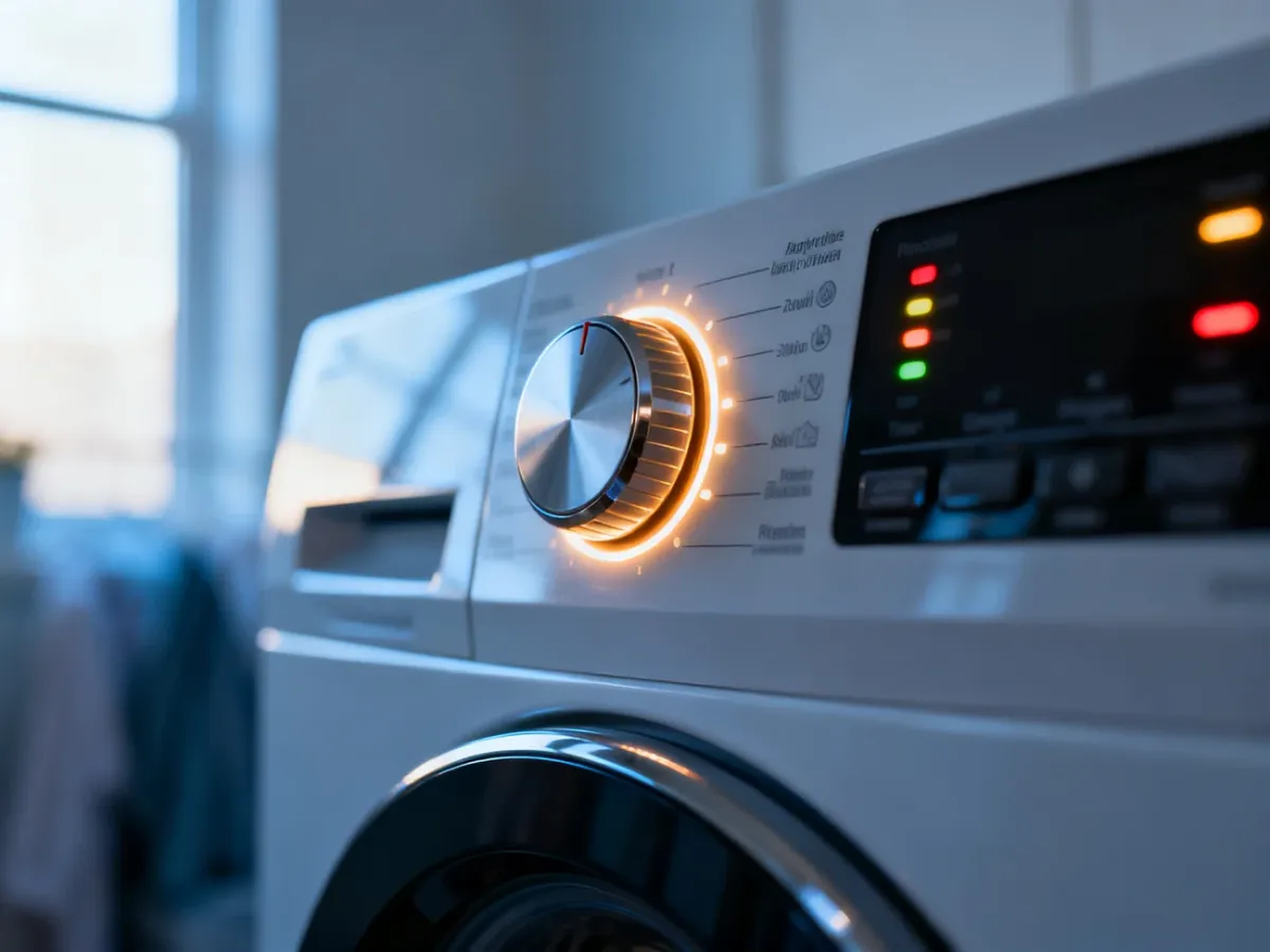 Panel sterowania pralki Indesit z podświetlanymi wskaźnikami LED i pokrętłem wyboru programu.