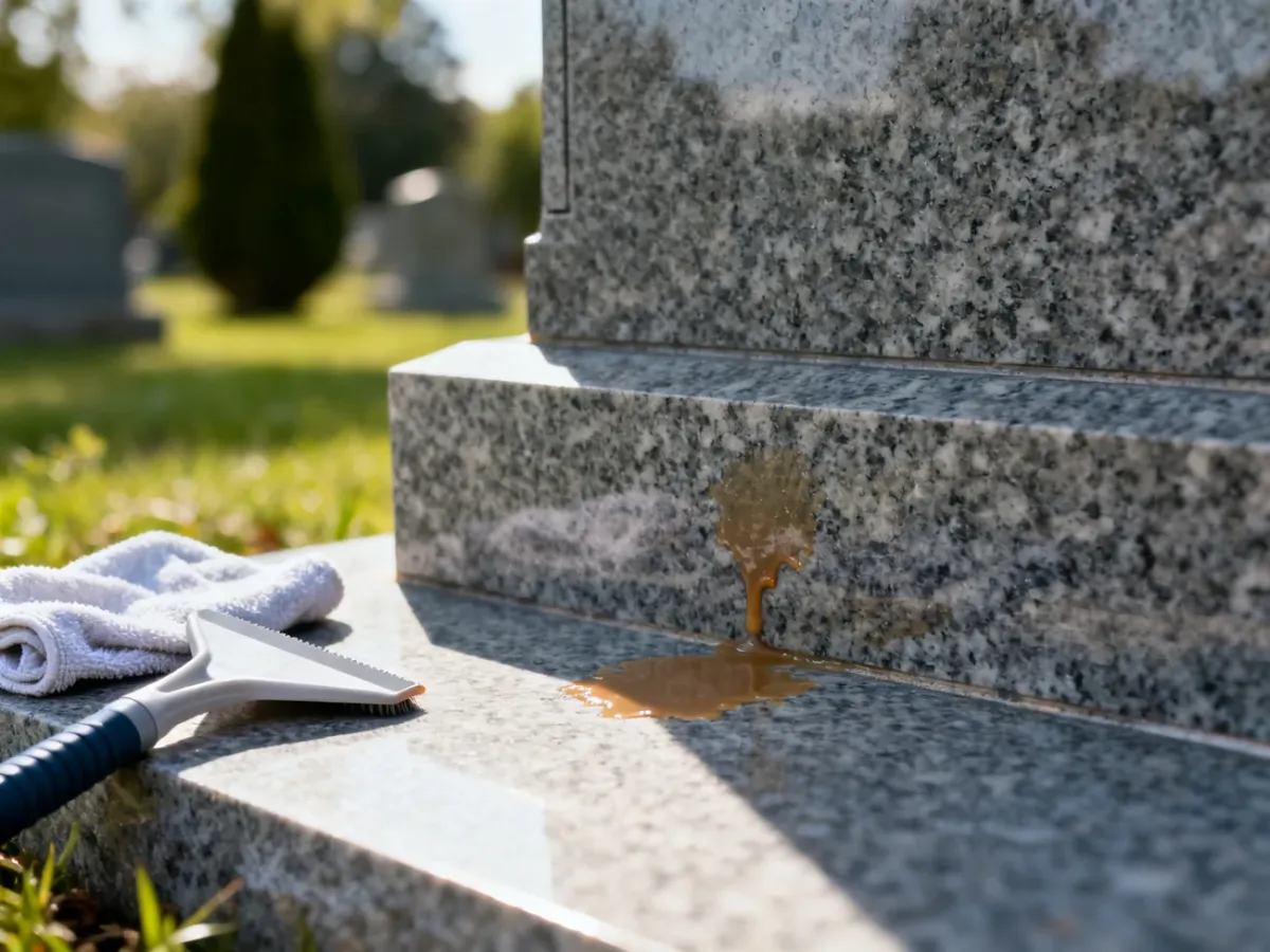 Plama z wosku na granitowym nagrobku oraz narzędzia do jej usunięcia, takie jak plastikowa skrobaczka i ściereczka.
