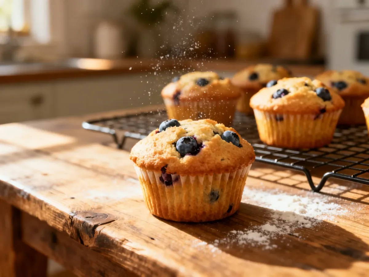 Świeżo upieczone muffiny z jagodami na drewnianym stole w ciepłym, porannym świetle.